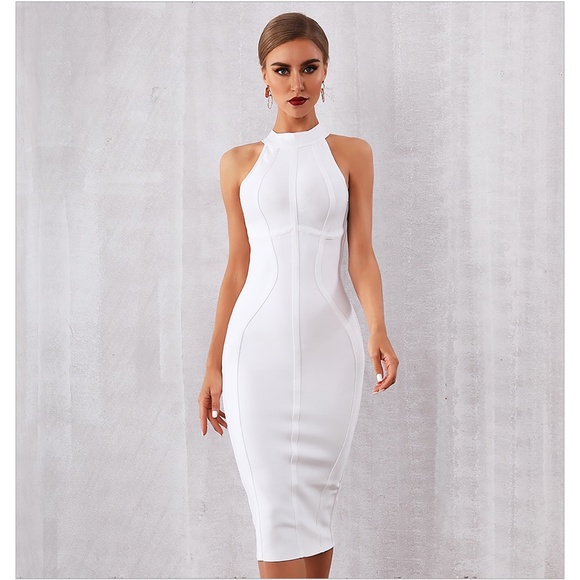 Nude Halter Bandage Bodycon Midi Cocktail Dress - Picture 9 of 11